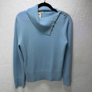Mainbocher Women Large 100% Cashmere Powder Blue Pearl Accent Collar Sweater